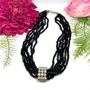 VINTAGE⚜️SPECTACULAR Black Cut Glass Beaded Multi-Strand Necklace